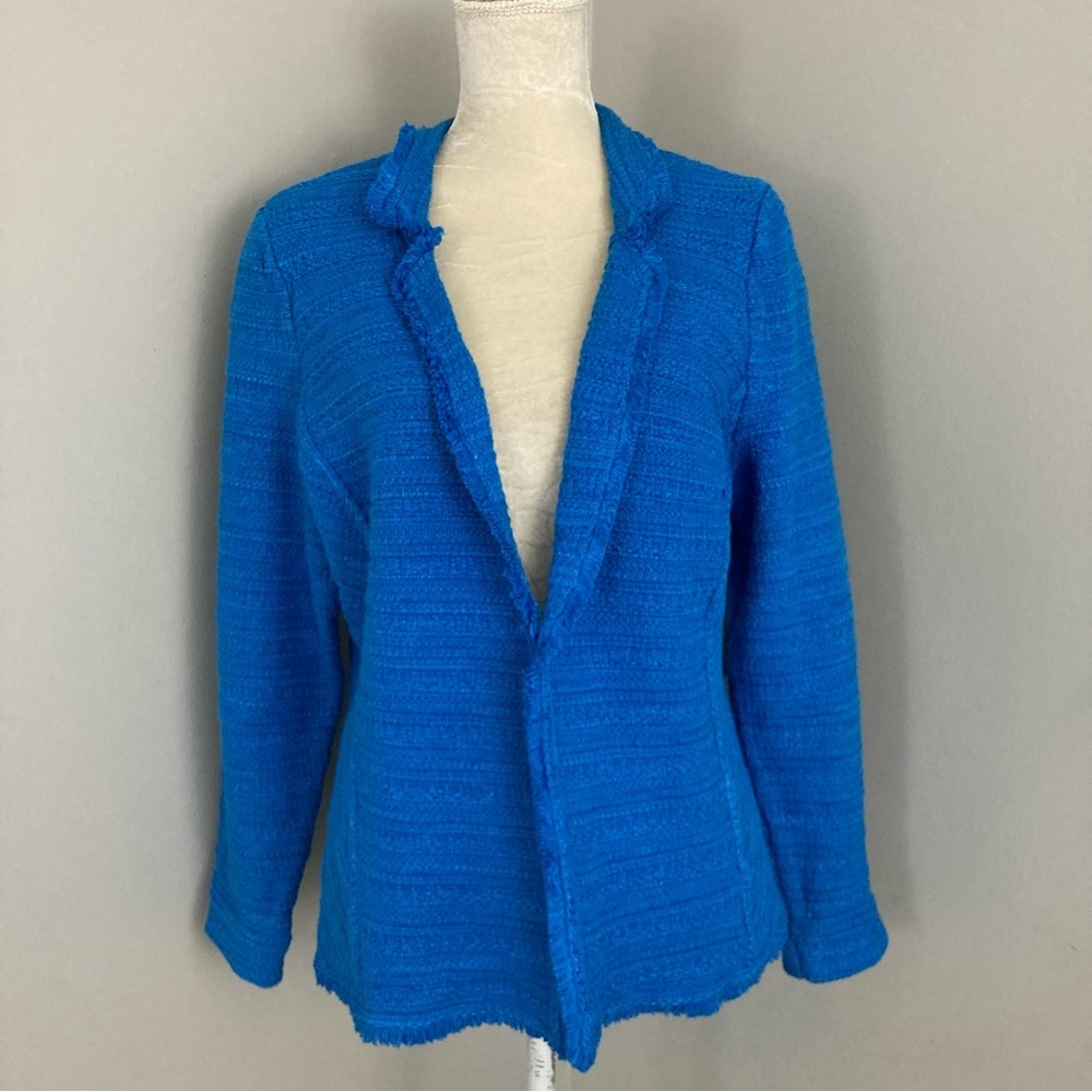 NWT Chico’s textured cardigan sweater blazer cyan blue fringe classic career L